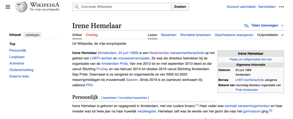 Kop van de wikipedia pagina van Irene Hemelaar